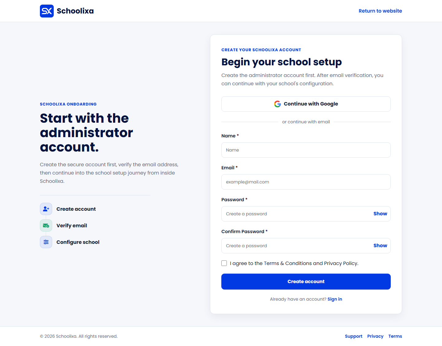 Blank Schoolixa registration page showing the administrator account form.