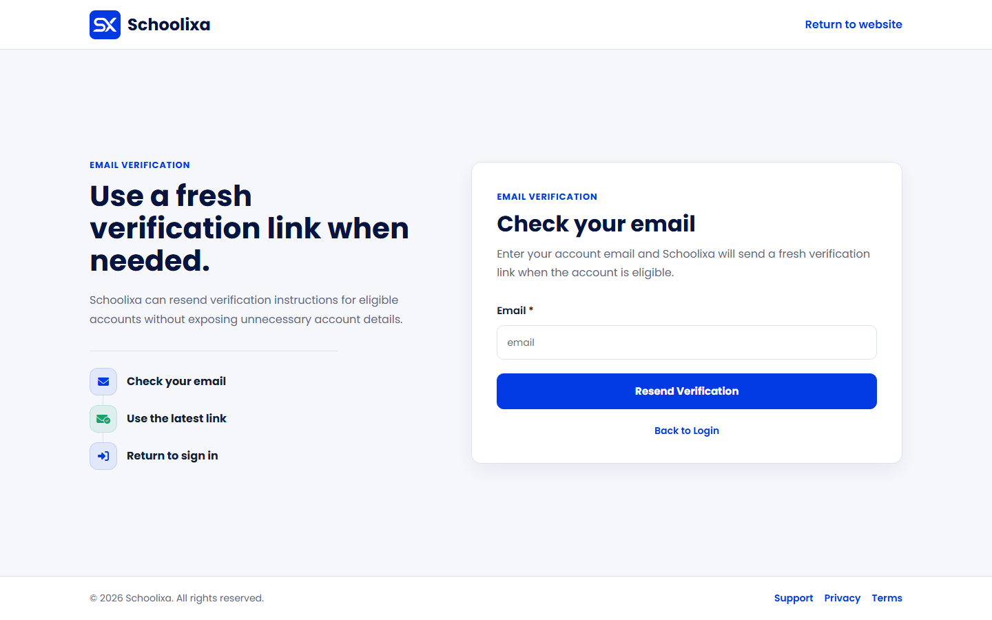 Schoolixa resend-verification page with the administrator email field and Resend Verification button.