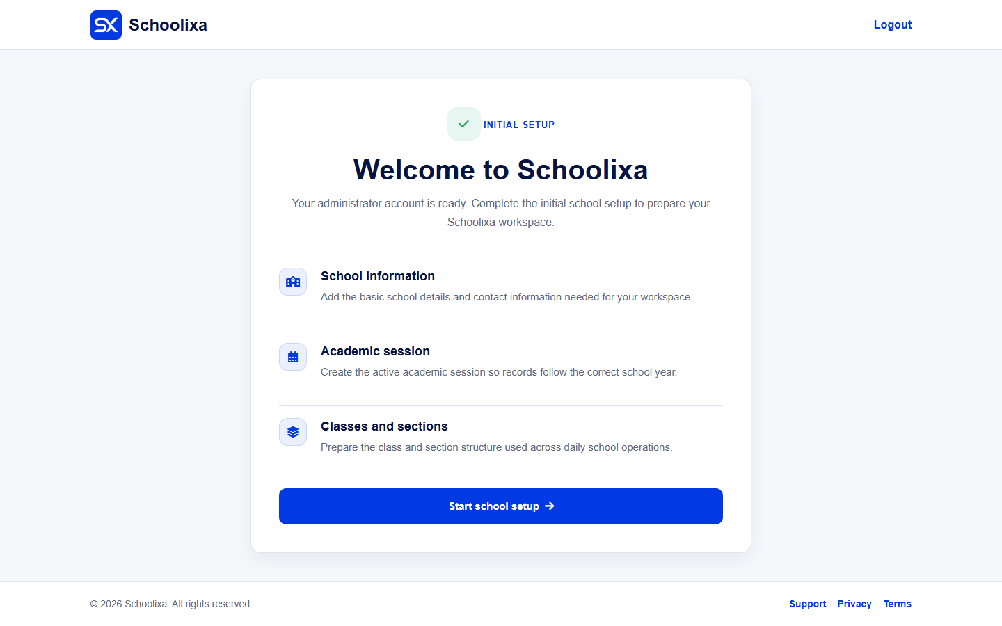 Schoolixa welcome screen showing School information, Academic session, Classes and sections, and the Start school setup button.