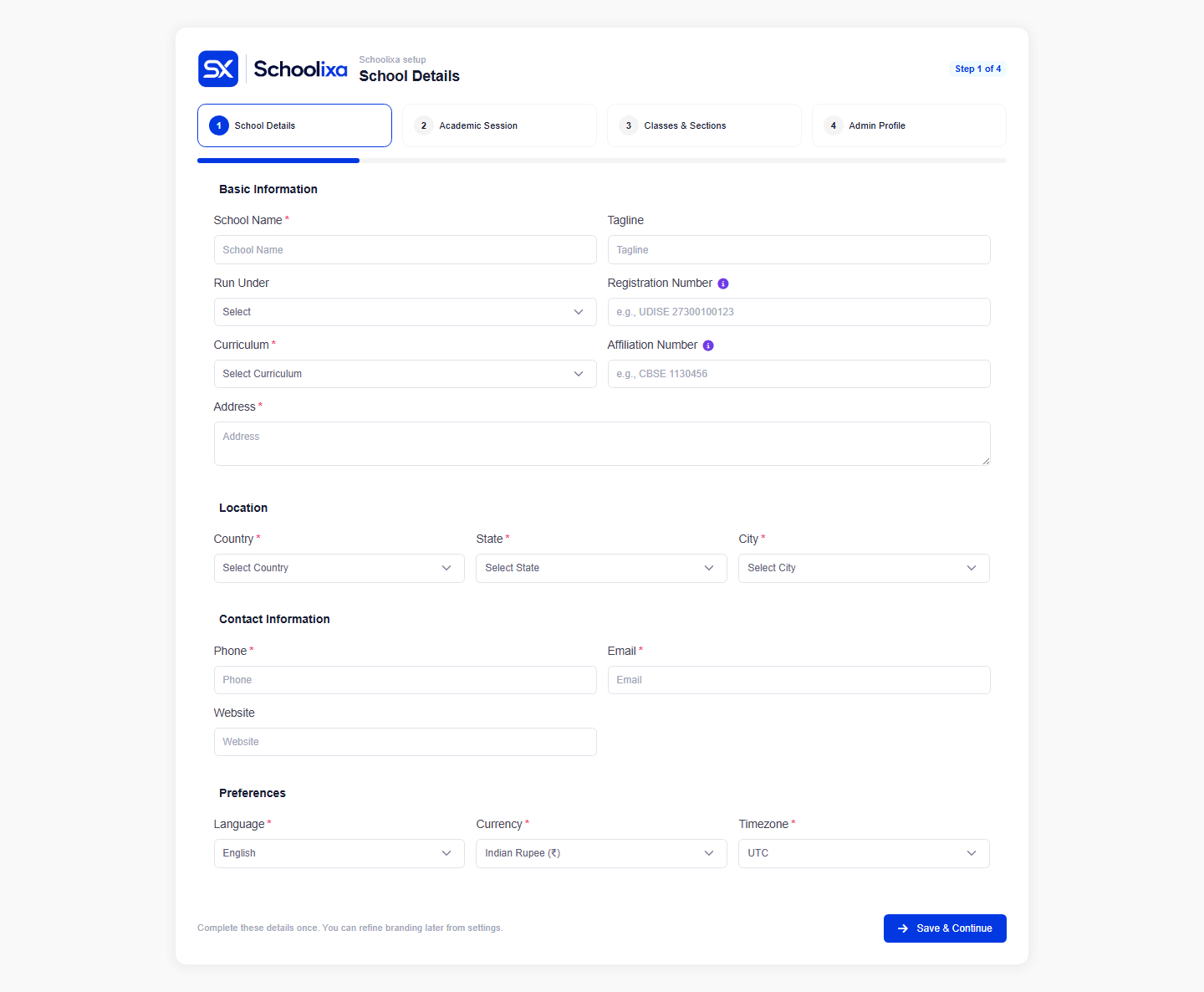 Blank Schoolixa School Details setup form showing basic information, location, contact information, and preferences.